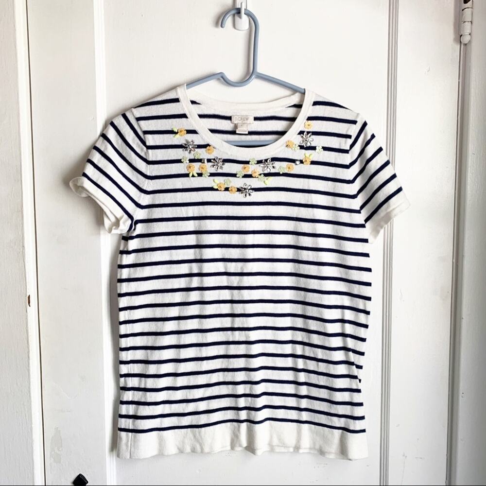 J. Crew Factory Embellished Lightweight T-Shirt Sweater Striped Floral Accent S - Picture 1 of 11